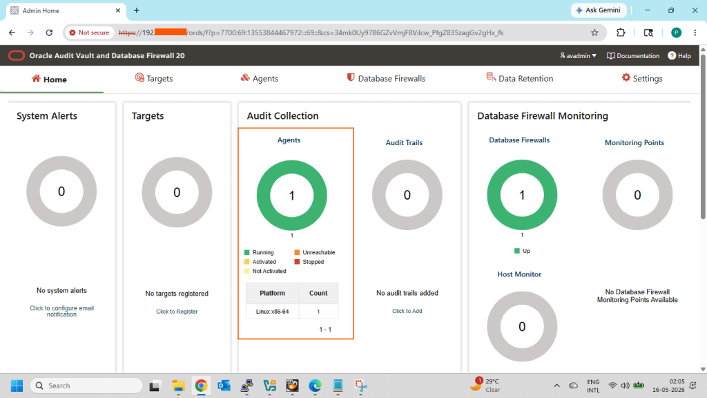 Audit Vault Agent status on AVDF console Home