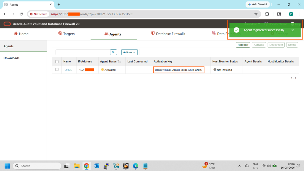 Check Agent status and note Activation Key details