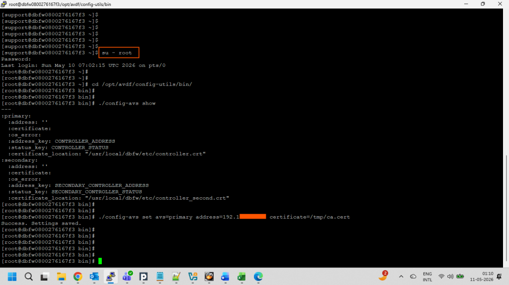 Connect as root user on Database Firewall server and execute the config-avs script