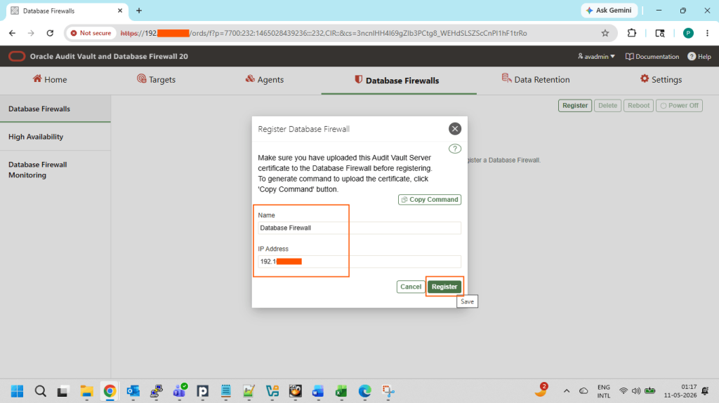 Enter details about Database Firewall server