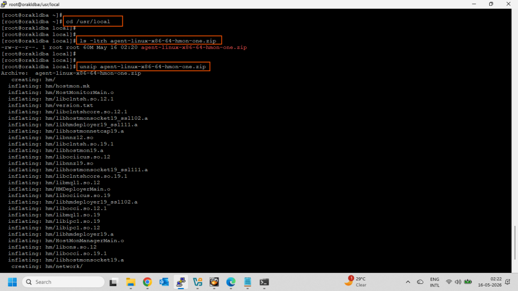 Unzip the Host Monitor Agent from root user on Target Database Server